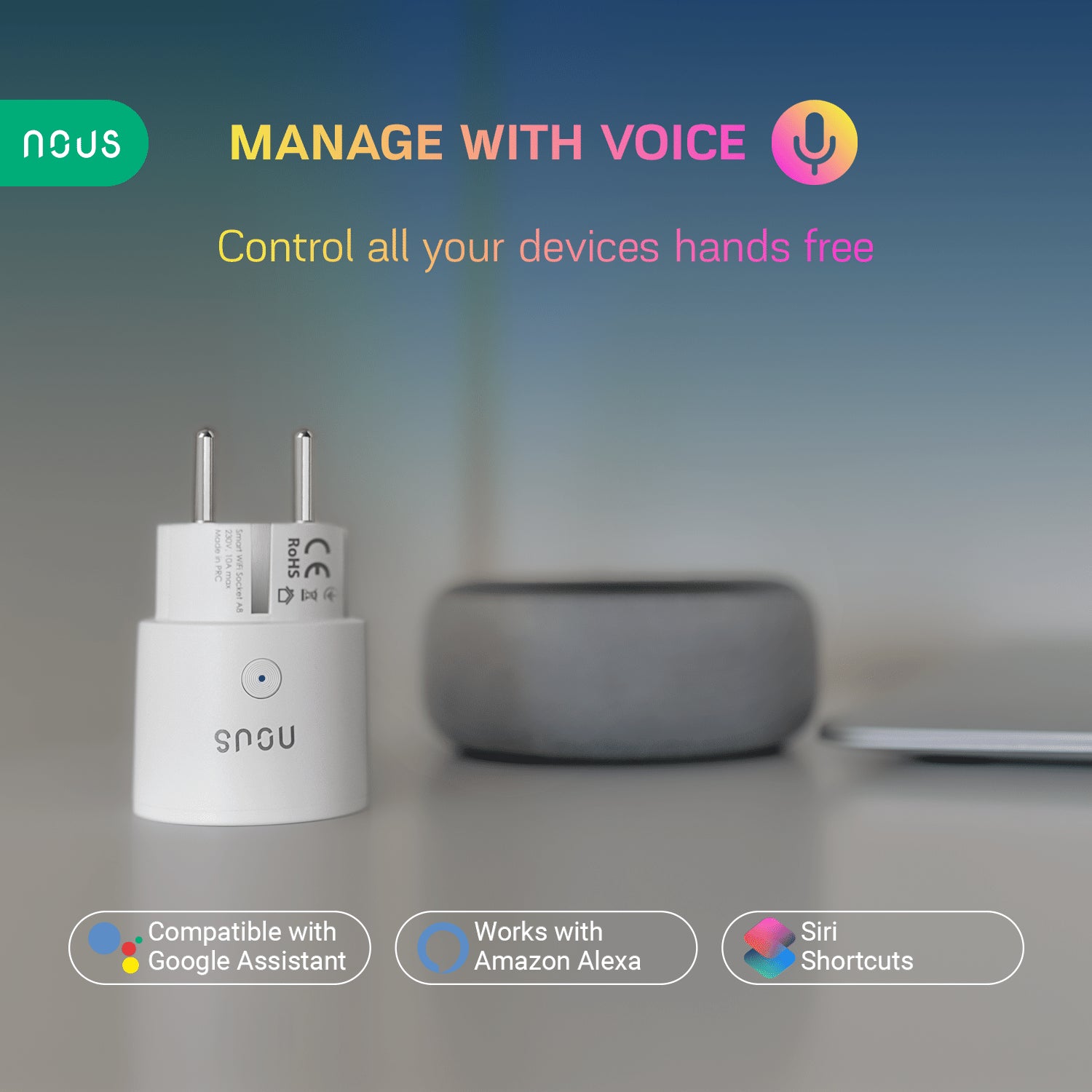 Priza inteligenta WiFi NOUS A8, 10A, control vocal, compatibil Google Assistant, Amazon Alexa